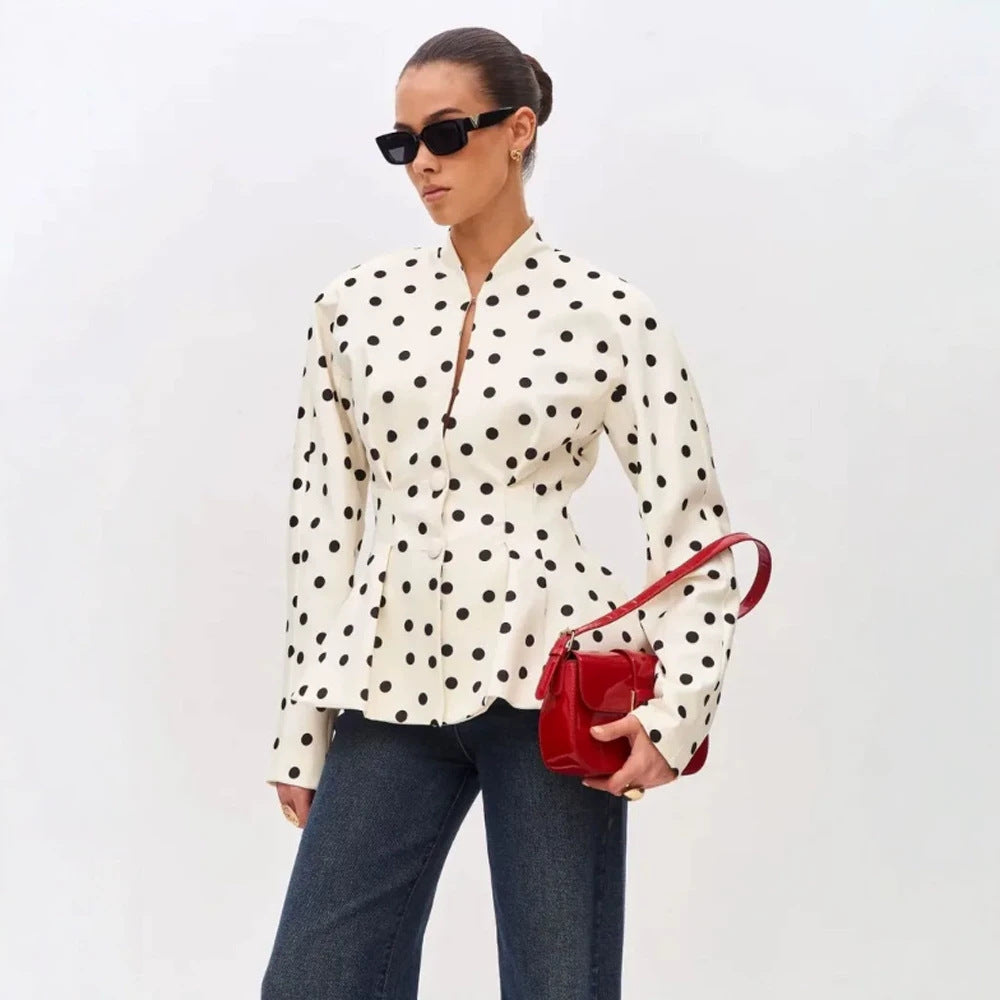 Women Polka Dot Tailored Peplum Blouse with Stand-Up Collar and Concealed Button Placket EVA-US
