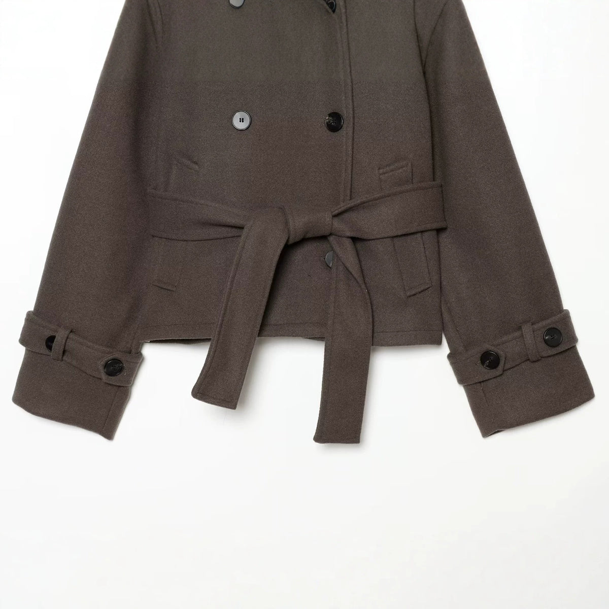 Ladies short cape jacket made of wool blend with high standing collar, double-breasted and tie belt EVA-US