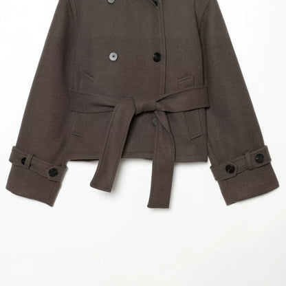 Ladies short cape jacket made of wool blend with high standing collar, double-breasted and tie belt EVA-US