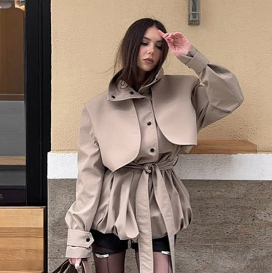 Women's sculptural boxy jacket with high stand-up collar and gathered volume waistband EVA-US