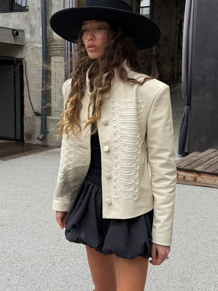 Women's short jacket in military style with decorative cord embellishment and stand-up collar EVA-US