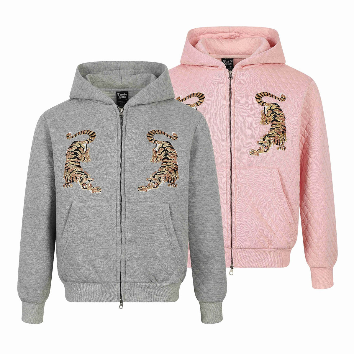 Unisex Quilted Hooded Jacket with Zipper, Kangaroo Pocket and Reflective Tiger Embroidery EVA-US