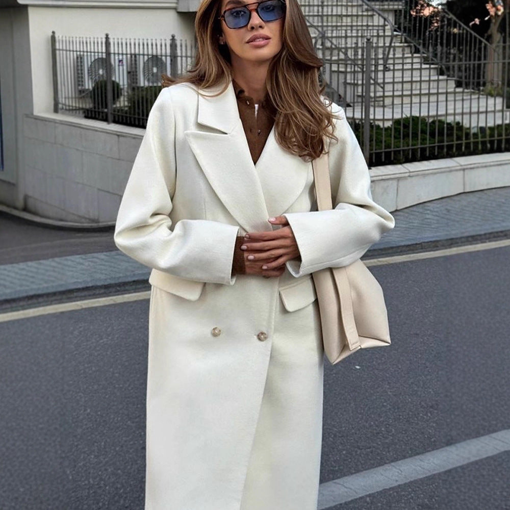 Women's Mid-length Double-breasted Wool Blend Coat with Distinctive Lapels and Tailored Fit EVA-US