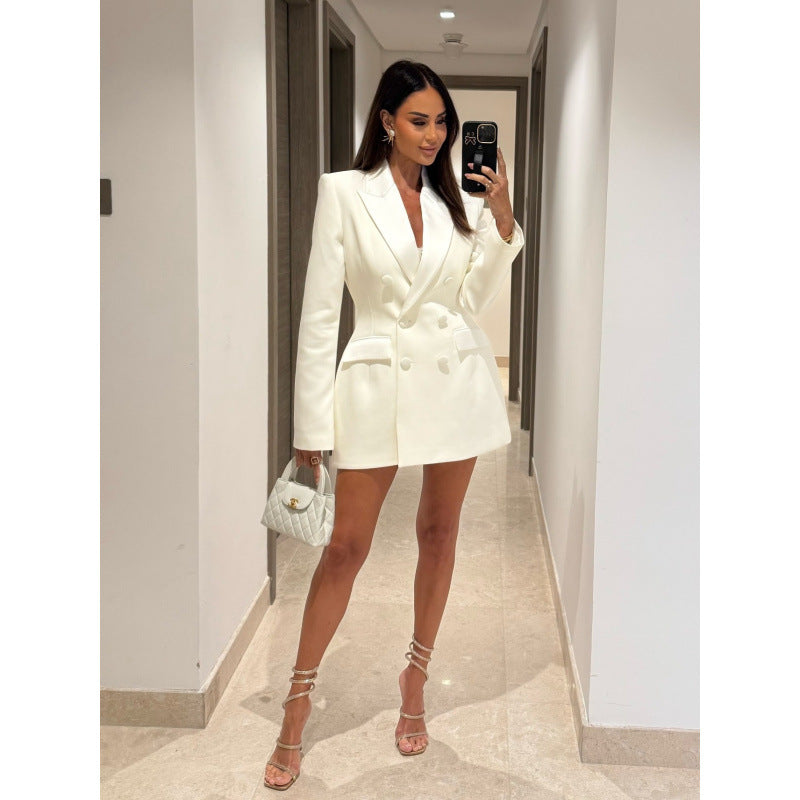 Women's Double-Breasted Blazer Dress with Tailored Silhouette and Structured Shoulders EVA-US