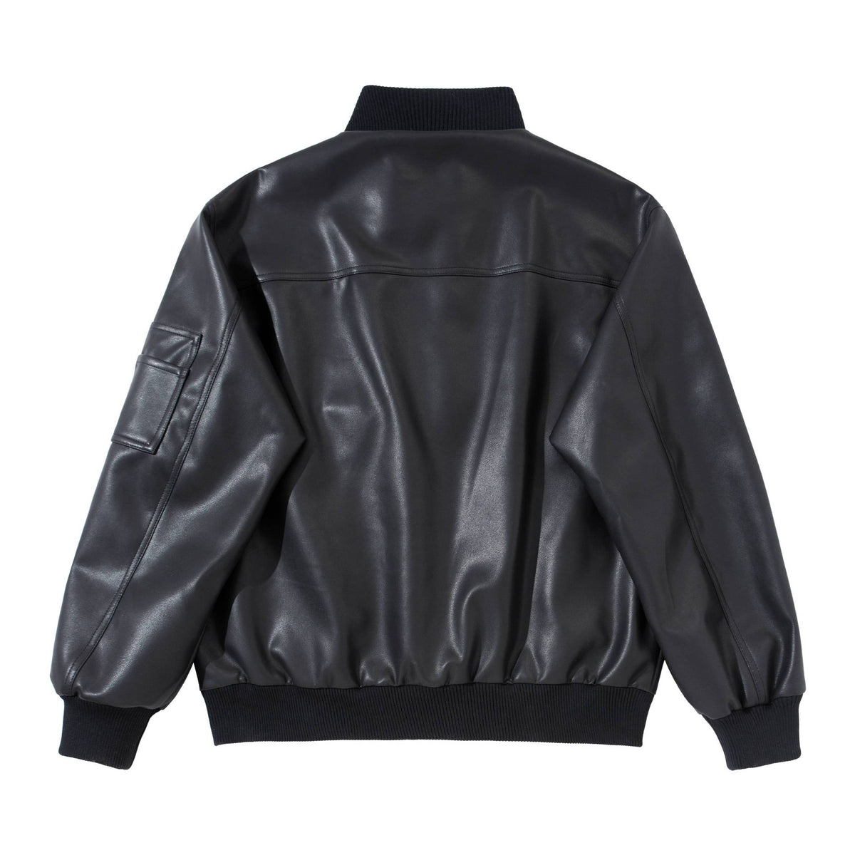 Men's faux leather bomber jacket in boxy cut with high ribbed collar and sleeve utility pocket EVA-US