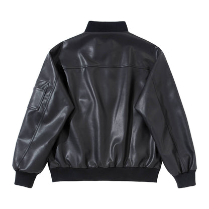 Men's faux leather bomber jacket in boxy cut with high ribbed collar and sleeve utility pocket EVA-US