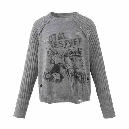Women's Chunky Knit Distressed Raglan Sweater with Retro Graphic Print EVA-US