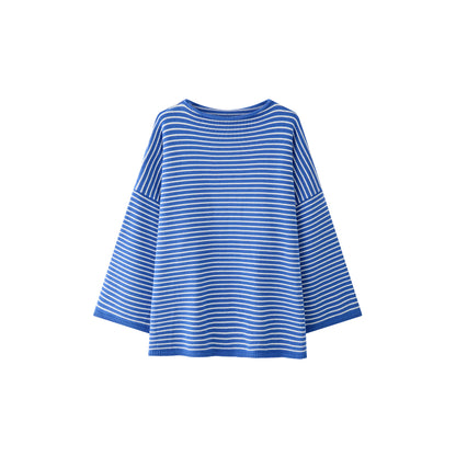 Women's Striped Oversize Knit Sweater with Short Stand-Up Collar EVA-US