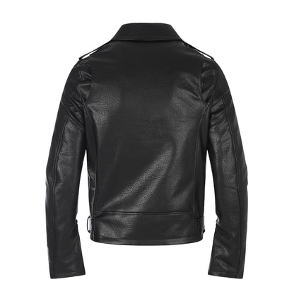 Men's faux leather biker jacket with asymmetrical zipper and eyelet belt EVA-US