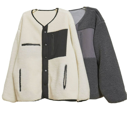 Women's Padded Teddy Fleece Jacket with Contrasting Front Panel and Patch Pockets EVA-US