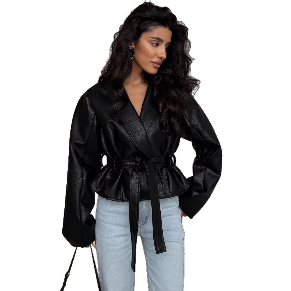 Women's Tailored Faux Leather Jacket with Peplum, Tie Belt & Shawl Collar EVA-US
