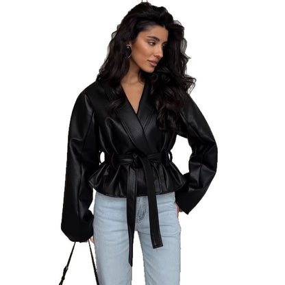 Women's Tailored Faux Leather Jacket with Peplum, Tie Belt & Shawl Collar EVA-US