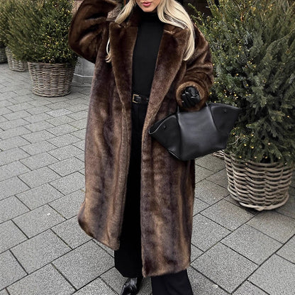 Women Luxurious Long Faux Fur Coat with Oversized Cut and Warming Lining EVA-US