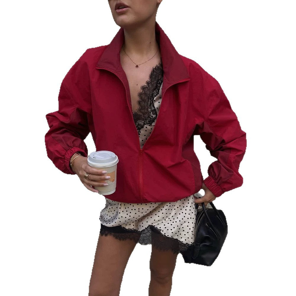 Women Lightweight Boxy Windbreaker with Stand Collar and Elastic Hem EVA-US