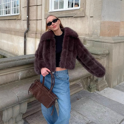 Women's Short Cropped Faux Fur Jacket with Voluminous Shawl Collar and Boxy Silhouette EVA-US