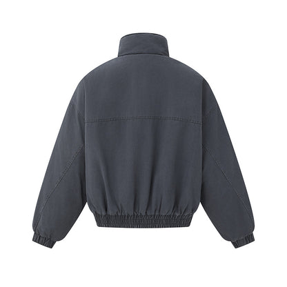 Unisex Boxy-Canvas-Bomber Jacket with High Stand-Up Collar, Diagonal Seam Design and Elastic Hem EVA-US