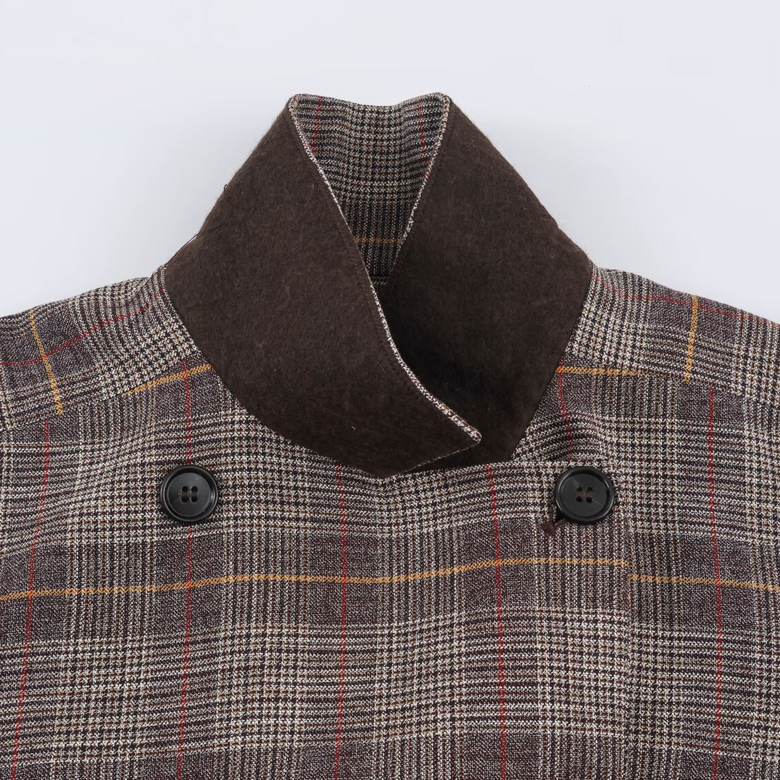 Ladies Short Double-Breasted Tailored Check Jacket with Stand Collar and Waist Straps EVA-US