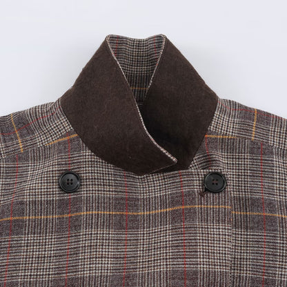 Ladies Short Double-Breasted Tailored Check Jacket with Stand Collar and Waist Straps EVA-US