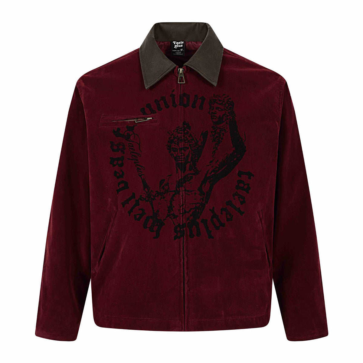 Men's velvet bomber jacket with contrast collar, front zipper and graphic print EVA-US