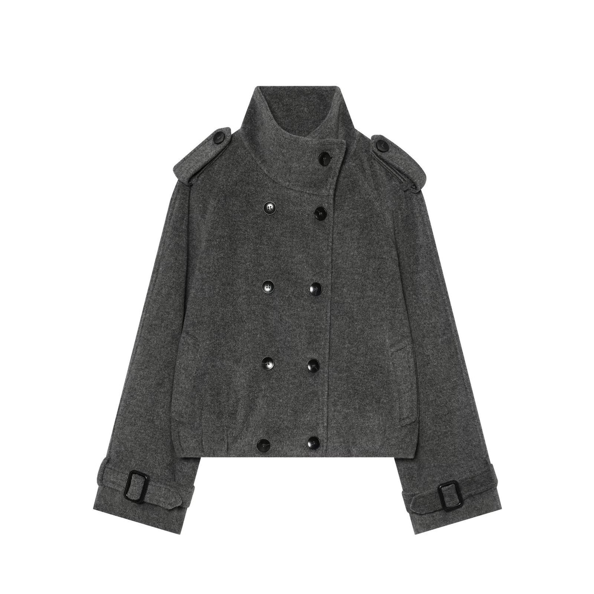 Women Short Peacoat with Double Breasted, High Standing Collar, Shoulder Epaulettes and Adjustable Cuffs EVA-US