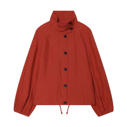 Ladies short jacket with high stand-up collar, continuous button placket and drawstring EVA-US