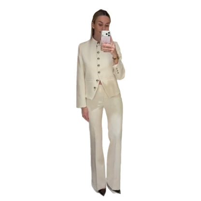 Women's Tailored Blazer with Stand Collar and Silver Decorative Buttons EVA-US