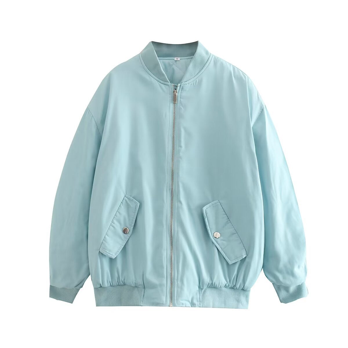 Women Boxy Bomber Jacket in Oversized Look with Zipper and Slanted Flap Pockets EVA-US