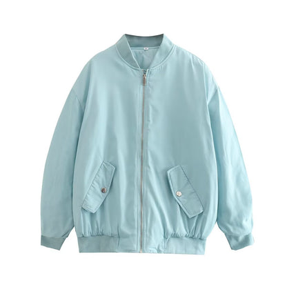 Women Boxy Bomber Jacket in Oversized Look with Zipper and Slanted Flap Pockets EVA-US