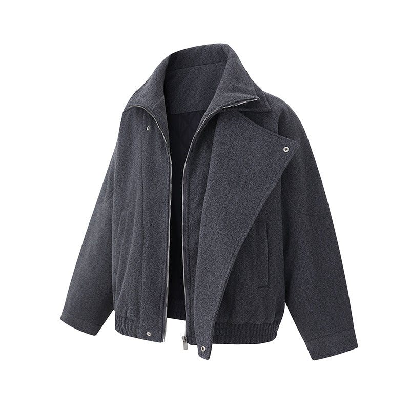 Men's Boxy Wool Blend Blouson Jacket with Asymmetric Double Fastening and High Stand-Up Collar EVA-US