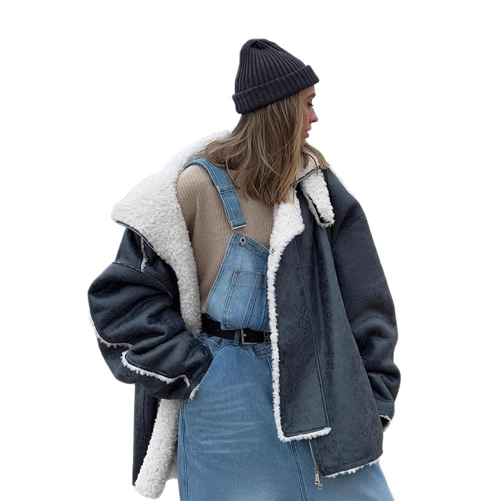 Women's Oversized Pilot Jacket in Vintage Look with Sherpa Lining and Contrast Trimmings EVA-US