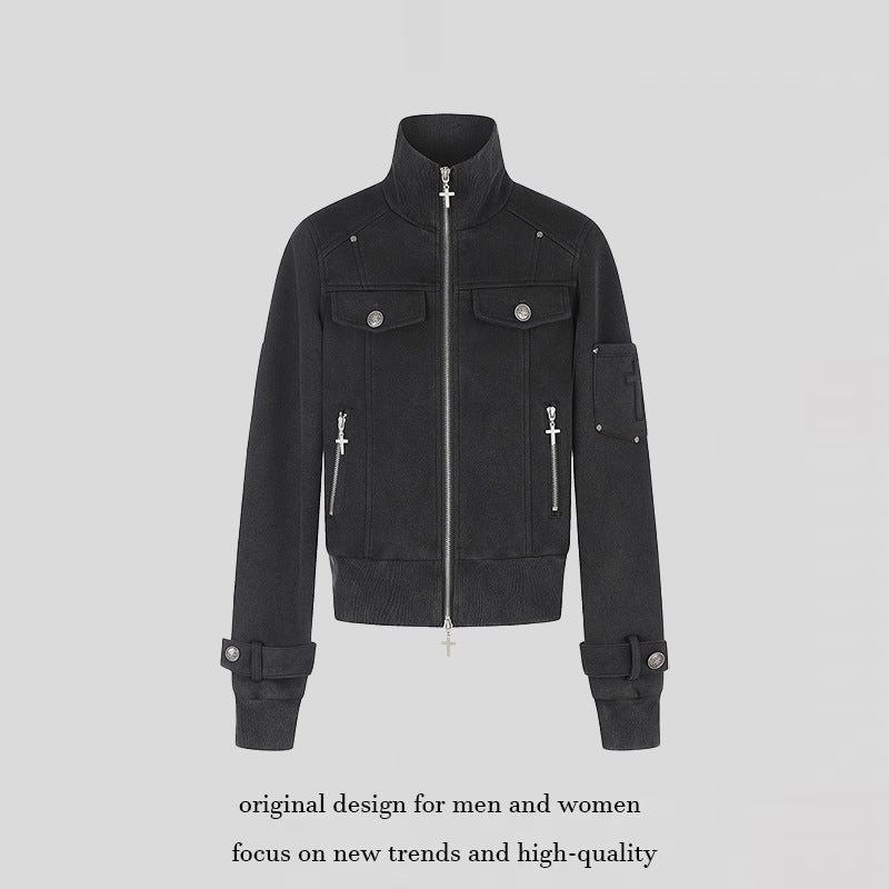 Women Tailored Zip Jacket with High Stand-Up Collar, Decorative Straps & Adjustable Closures EVA-US