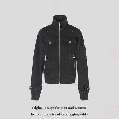 Women Tailored Zip Jacket with High Stand-Up Collar, Decorative Straps & Adjustable Closures EVA-US