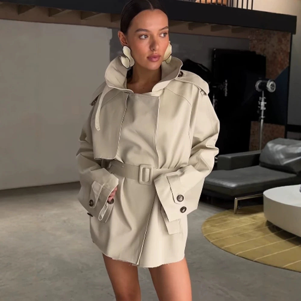 Women's sculptural short trench coat with oversized shawl collar and tailored belt EVA-US