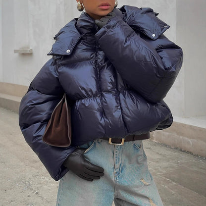 Ladies short cut glossy oversized quilted jacket with high collar EVA-US