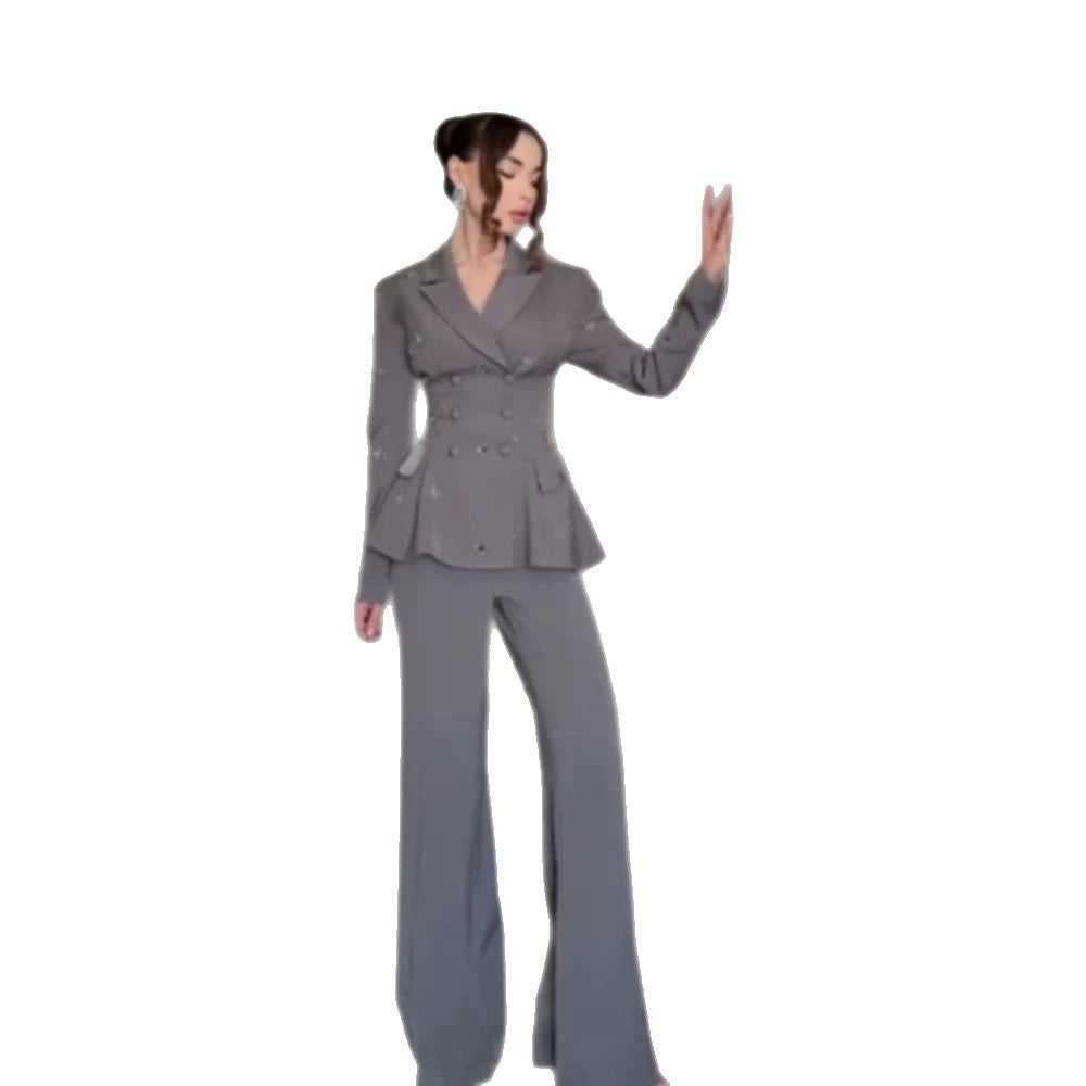 Women tailored double-breasted blazer with peplum and shoulder pads EVA-US