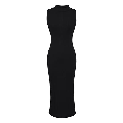 Women’s midi dress in rib knit, sleeveless slim-fit with stand-up collar EVA-US