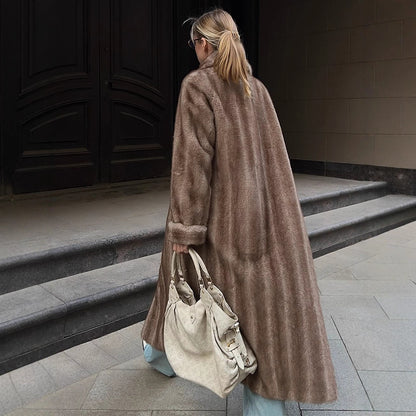 Women's Maxi Faux Fur Coat with Wide Lapel and Loose Fit EVA-US