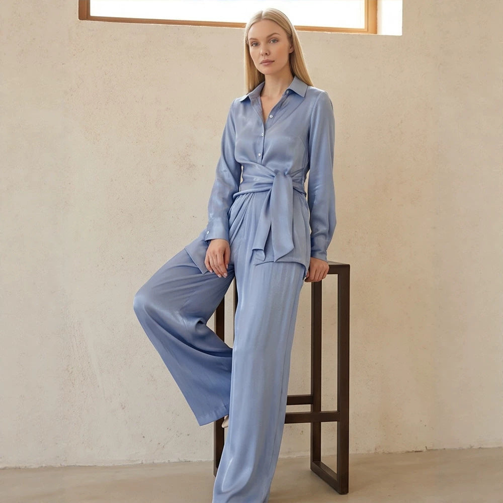 Ladies Two-Piece Silky Shirt and Palazzo Set with Wrap Waist EVA-US