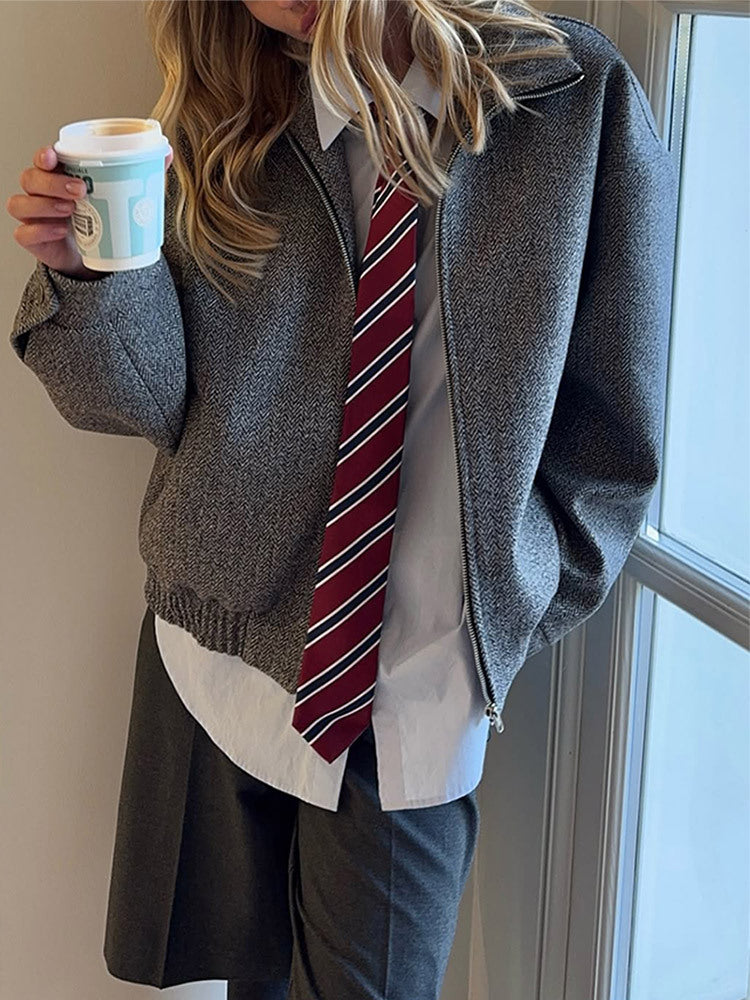 Ladies short jacket in herringbone wool blend with zip and elastic hem EVA-US