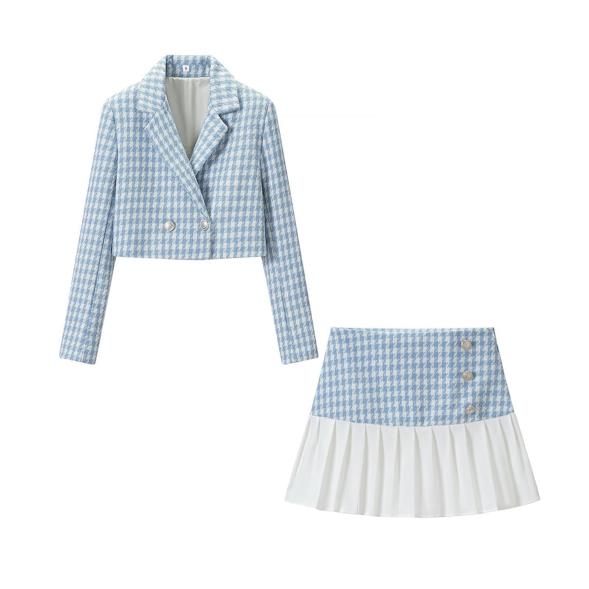 Ladies two-piece short blazer and pleated skirt ensemble in houndstooth style EVA-US