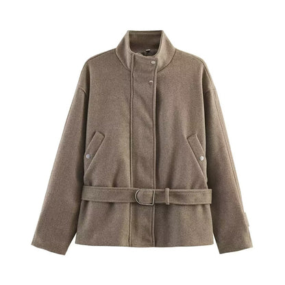 Women’s short jacket in a boxy cut made of wool blend with stand-up collar and waist belt EVA-US
