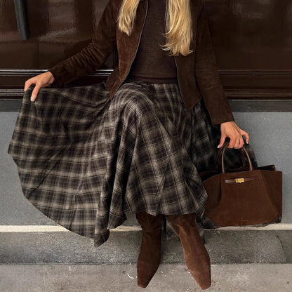 Women's Checkered Midi Skirt with Wide Pleated Cut and High Waist EVA-US