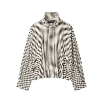 Women’s short-cut checked blouson jacket with stand-up collar, elastic hem, and concealed zipper EVA-US