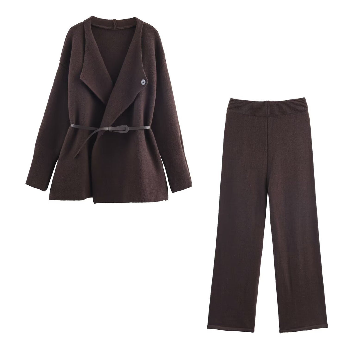 Women's Two-Piece Fine Knit Set with Shawl Collar Cardigan and High-Waist Wide Leg Pants EVA-US