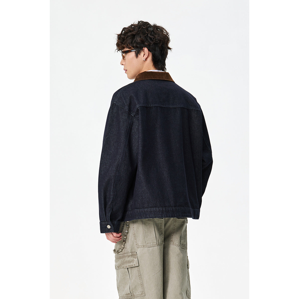 Men's sharply tailored denim workwear blouson with corduroy lapel and metallic hook fasteners EVA-US