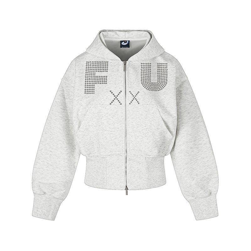 Ladies Short Hooded Sweat Jacket with Full Zip, Wide Ribbed Hem and Rhinestone Logo EVA-US