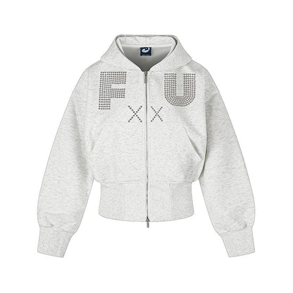 Ladies Short Hooded Sweat Jacket with Full Zip, Wide Ribbed Hem and Rhinestone Logo EVA-US