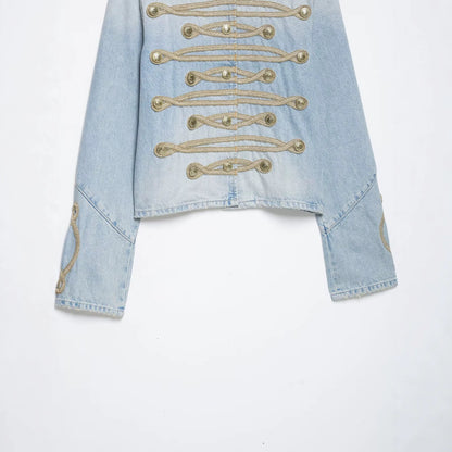 Women's short denim jacket in military style with cord appliqué and mandarin collar EVA-US