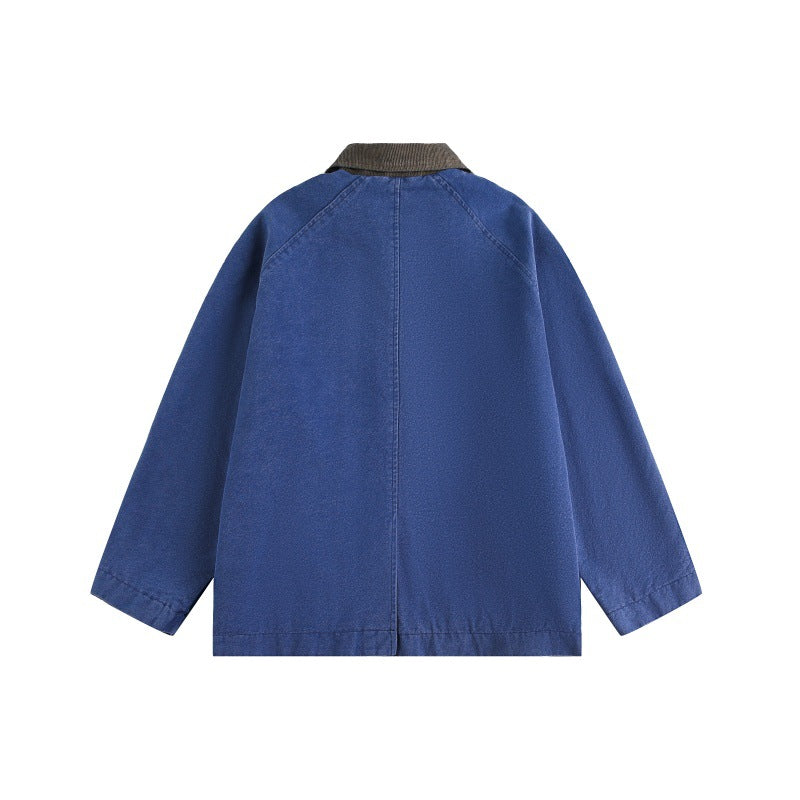 Unisex Short Cut Boxy Denim Jacket with Cord Collar and Tonal Decorative Stitches EVA-US