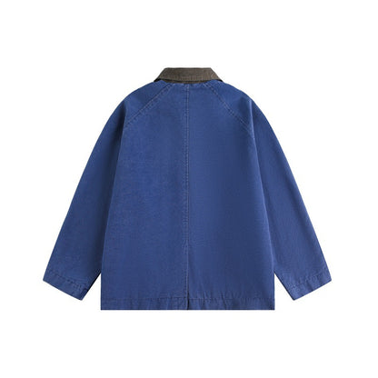 Unisex Short Cut Boxy Denim Jacket with Cord Collar and Tonal Decorative Stitches EVA-US